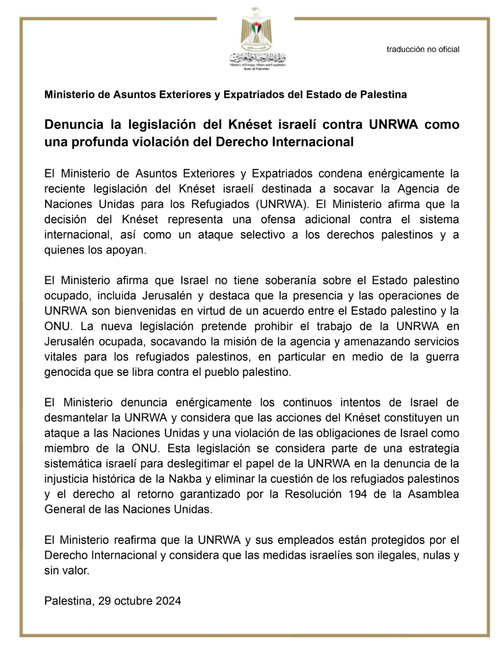 Declaración 29 de octubre